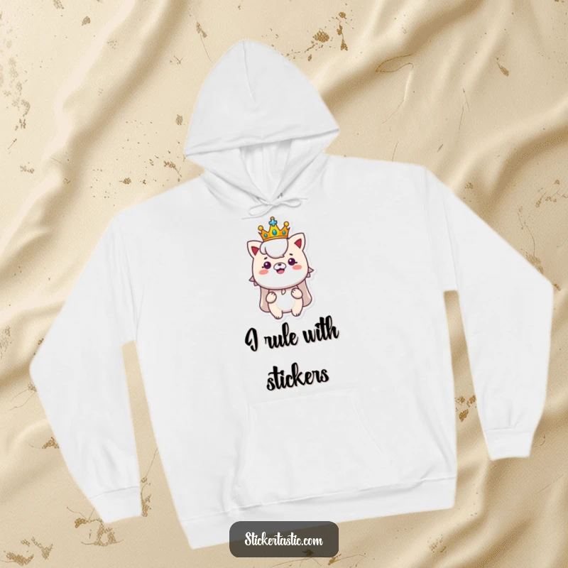 Funny royal sticker hoodie featuring a character with a tiny crown proudly displaying a shiny new sticker, cozy and regal humor.