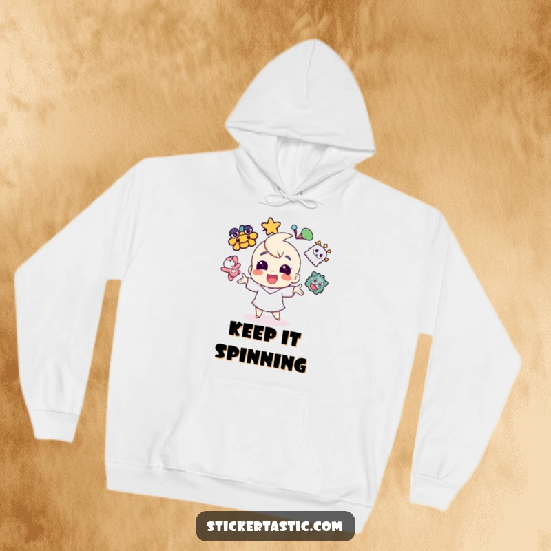 Funny cheerful character juggling vibrant stickers on a hoodie, embodying playful multitasking and energetic fun.