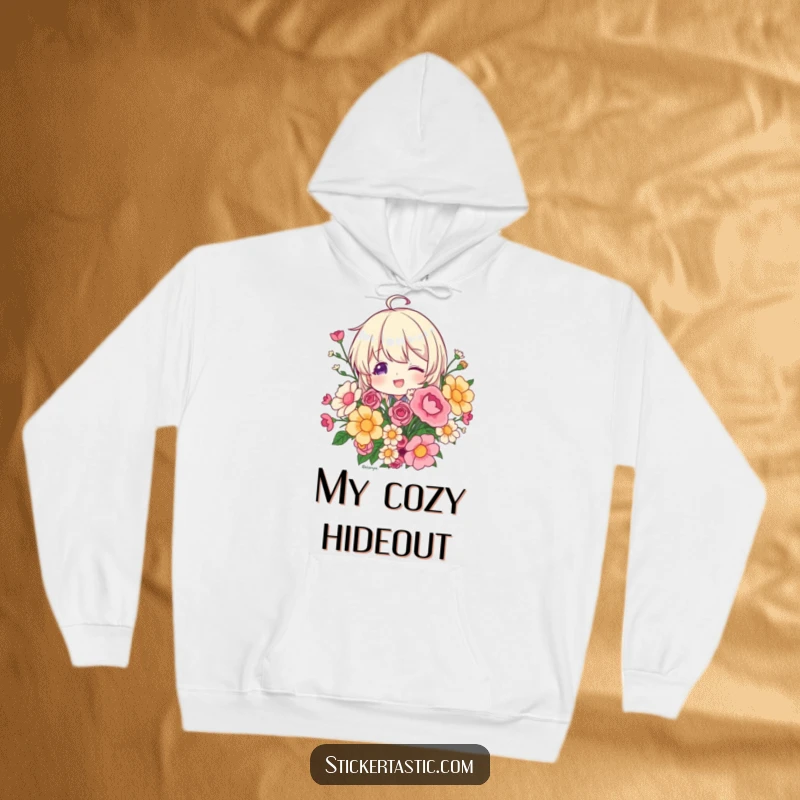 Funny character playfully peeking from behind a sticker bouquet on a soft hoodie, embodying hidden fun and curiosity, a wonderful gift.