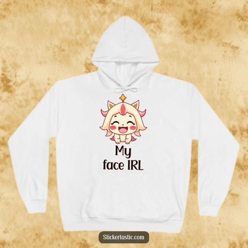 Funny Hoodie showcasing a stylized character with a massive, beaming smile, symbolizing warmth, comfort, and infectious happiness.