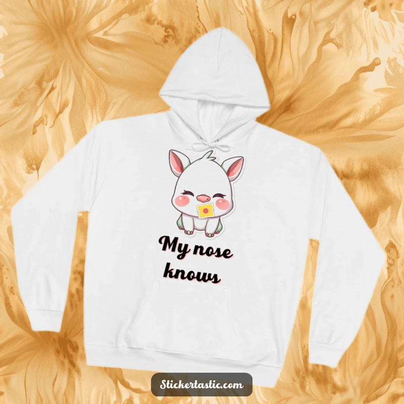 Funny creature winking playfully with a sticker stuck to its nose on a soft hoodie, embodying cozy mischief.