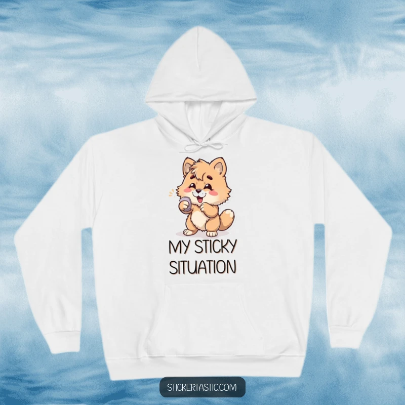 Funny furry character enthusiastically slapping a sticker onto a surface on a soft hoodie, perfect for cold days and sticker fans.