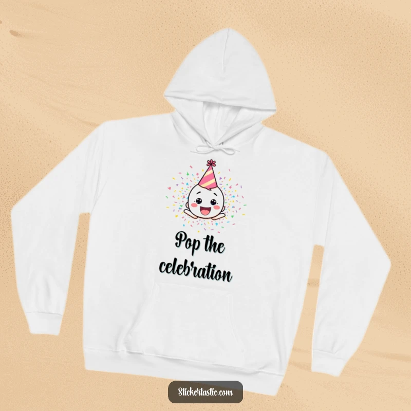 Funny hoodie print of a happy cartoon character in a party hat, bursting with colorful confetti for a festive feel.