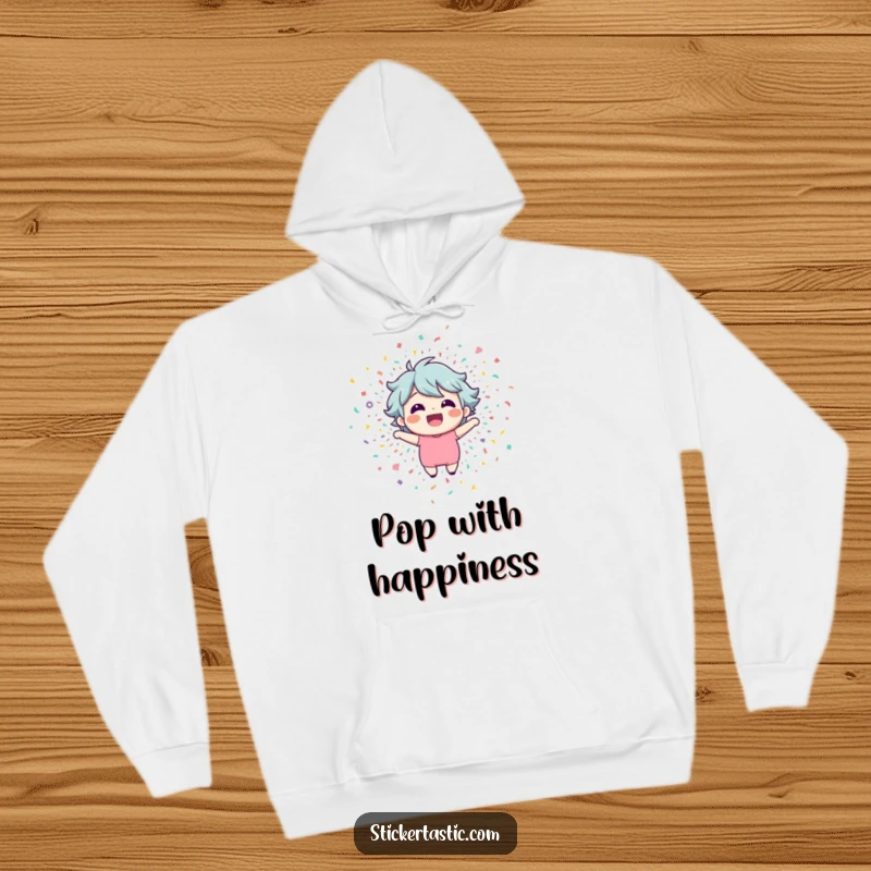 Funny hoodie featuring a happy character emerging from a dynamic confetti explosion. Soft and humorous loungewear.