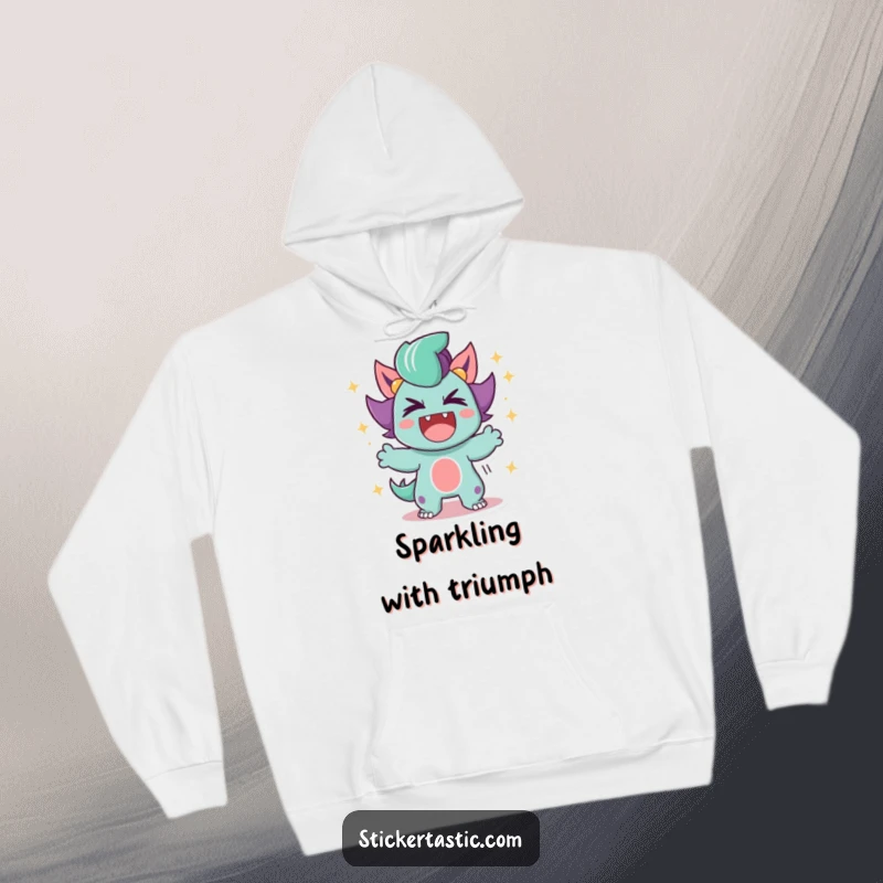 Funny Hoodie featuring a character letting out a triumphant roar, enveloped in a cascade of celebratory sparkles, radiating power.