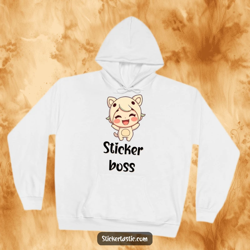 Funny warm hoodie with a cheerful character grinning while sticking a large sticker, perfect for comfort.