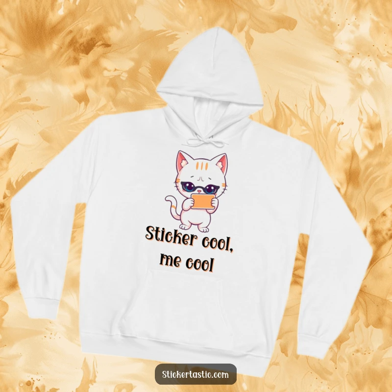 Funny cat hoodie with a cool cat striking a pose next to a sticker. Represents stylish comfort and a touch of feline attitude.