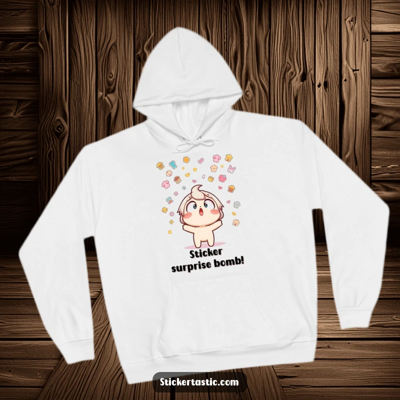 Funny hoodie design featuring a character looking up in amazement as a shower of stickers falls, conveying a sense of whimsical surprise.
