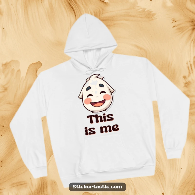 Funny Hoodie: A character with a playful mouth wiggles its eyebrows under a cool sticker, radiating cool and humorous vibes.