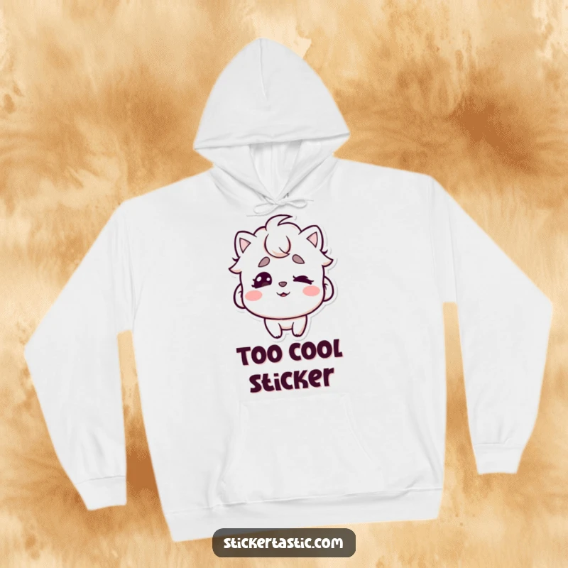Funny hoodie design showing a character with a playful mouth wiggling eyebrows under a cool sticker, symbolizing fun and individuality.