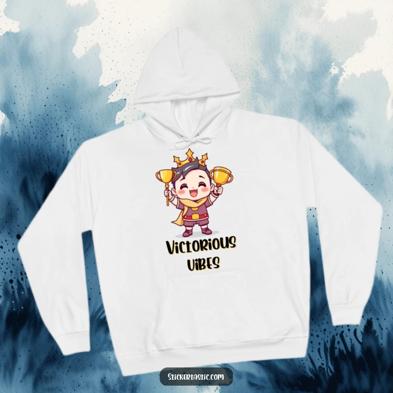 Funny hoodie print of a victorious cartoon character striking a triumphant pose with a trophy, offering warmth and winning vibes.