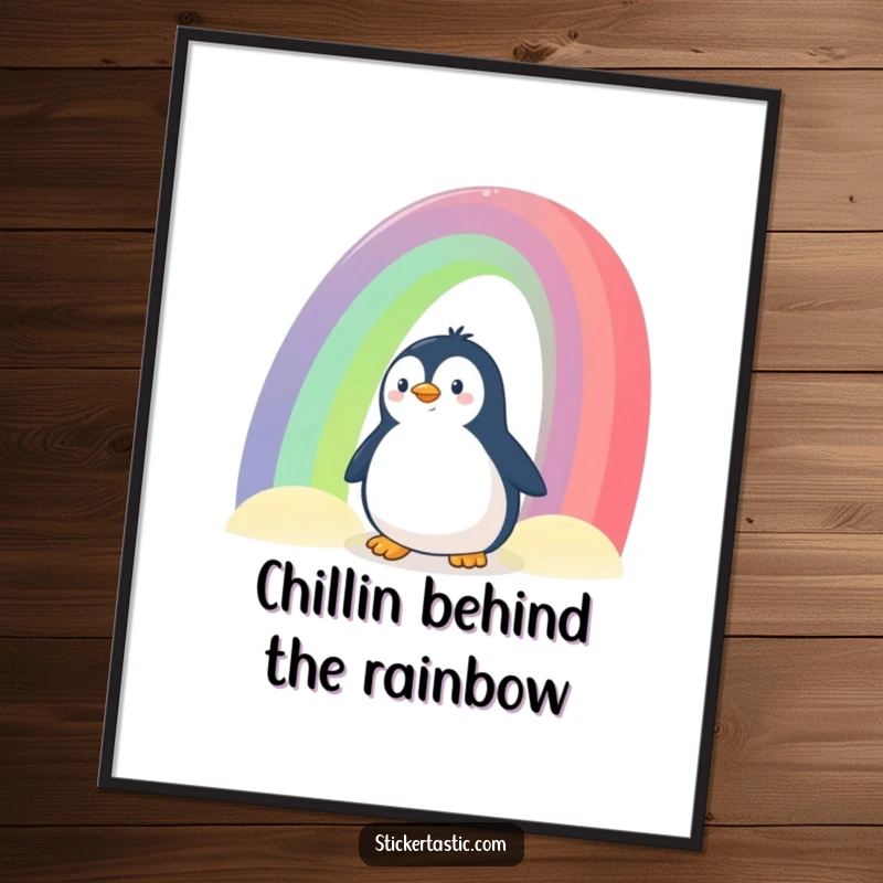 Funny Free Printable Wall Art: A curious penguin character peeking out playfully from behind a giant, vibrant rainbow.