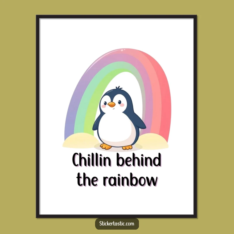 Free Printable Wall Art: Penguin Behind Rainbow, Downloadable Humorous Decor