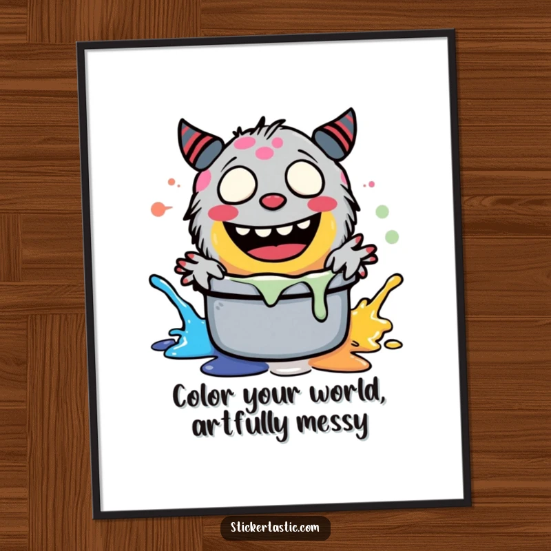 Funny free printable wall art: A cheerful monster giggling enthusiastically while splashing a pot of bright, abstract paint.