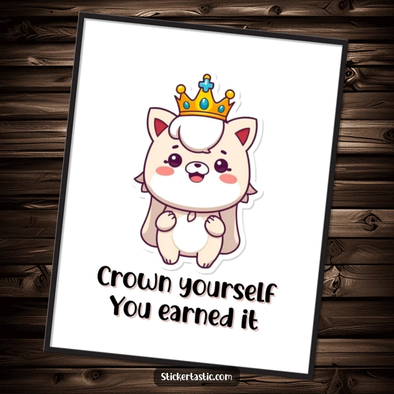 Funny Free Printable Wall Art: a character wearing a tiny crown proudly displaying a shiny, new sticker.