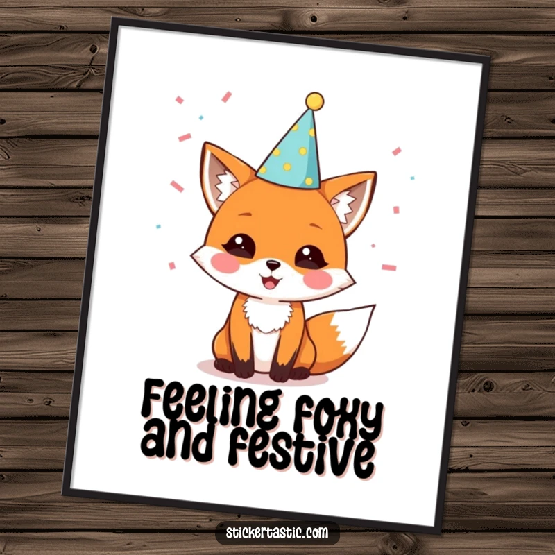 Funny Free Printable Wall Art: Delighted fox wearing a party hat, confetti falling around, creating a festive atmosphere.