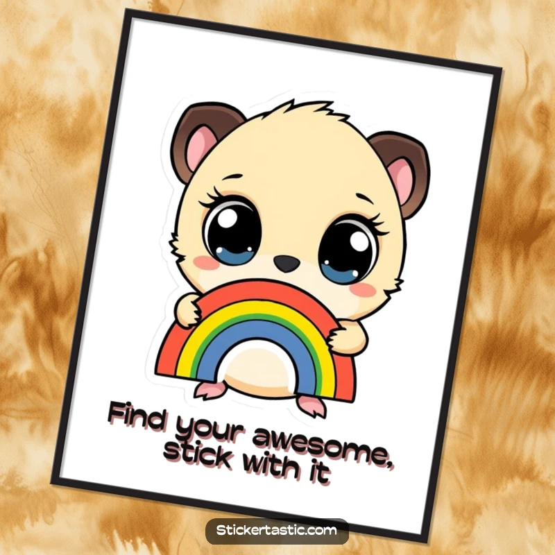 Funny Free Printable Rainbow Sticker Wall Art: A small creature with wide eyes, holding a rainbow sticker, bringing whimsical charm to any space.