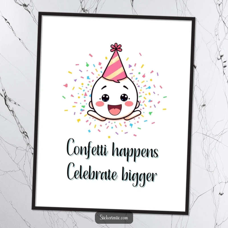 Funny Free Printable Wall Art: A happy cartoon character in a party hat, joyfully exploding in a vibrant cloud of confetti.