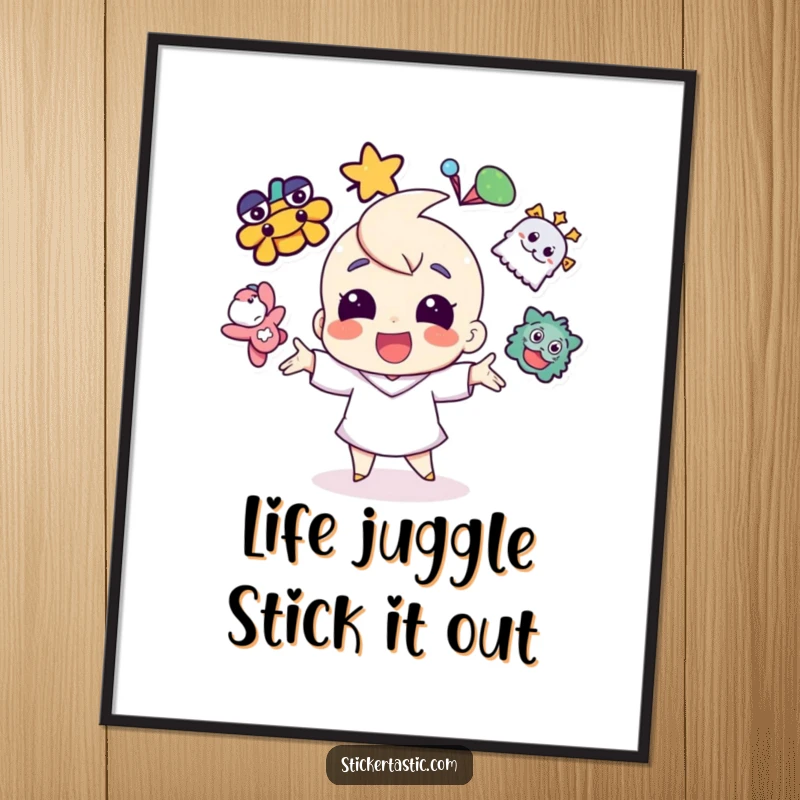 Funny Free Printable Wall Art: A cheerful character skillfully juggling a variety of vibrant stickers, creating a lively scene.
