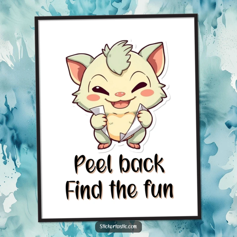 Funny Free Printable Wall Art: A creature with a cunning grin, peeling a sticker, embodying playful mischief and fun.