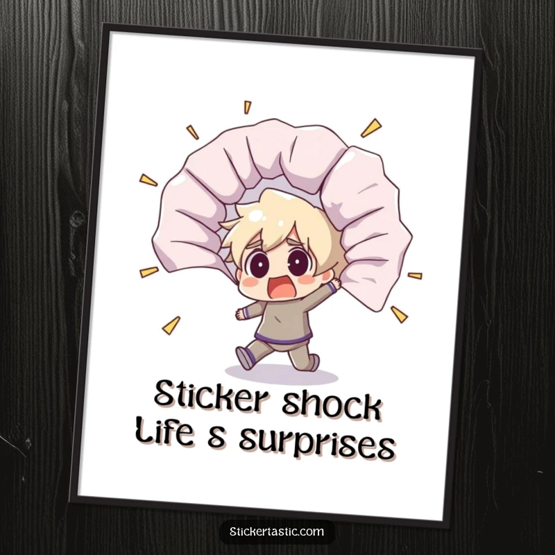 Funny free printable wall art featuring a shocked character, comically stumbling backward from a giant sticker.