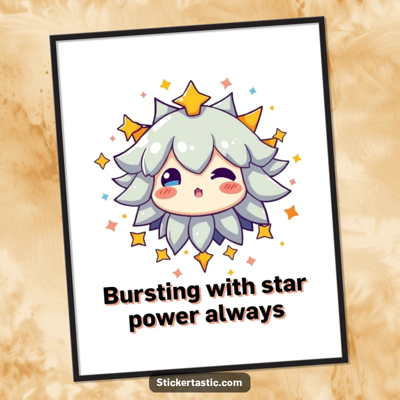 Funny Free Printable Wall Art: A character bursts with vibrant power, enveloped by a dynamic explosion of bright, colorful stars.