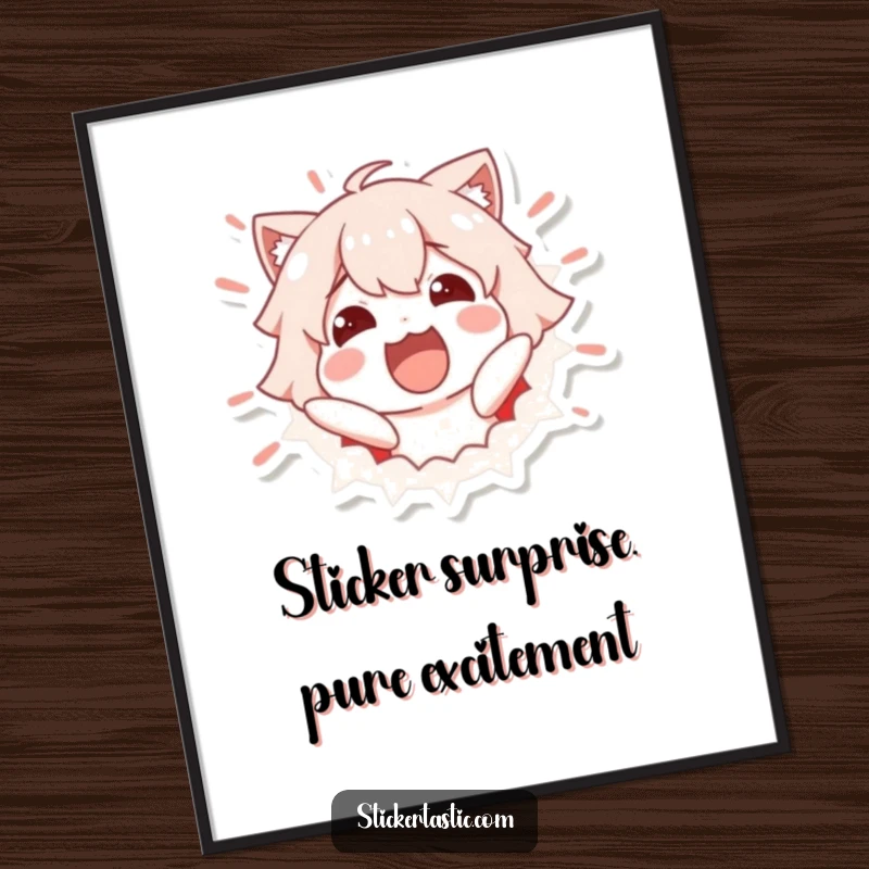 Funny Free Printable Wall Art: Excited character bursting from sticker, a high-energy and downloadable piece of decor.