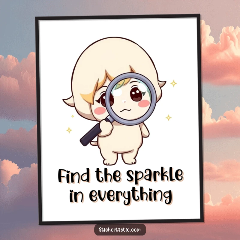 Funny Free Printable Wall Art: A curious character using a magnifying glass to investigate a shimmering sparkle.
