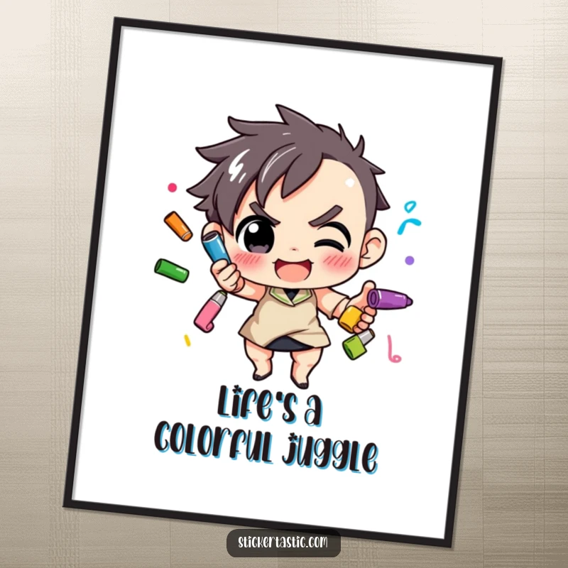 Funny Free Printable Wall Art: A determined character skillfully juggling several colorful markers in a playful, artistic display.