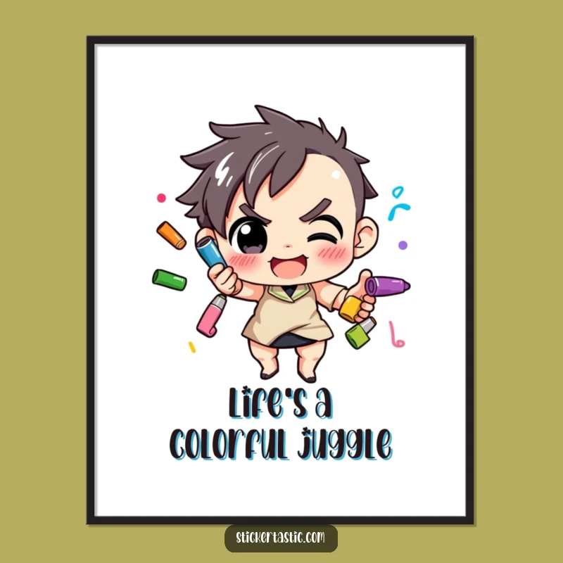 Free Printable Wall Art: Determined Character Juggling Colorful Markers Creatively