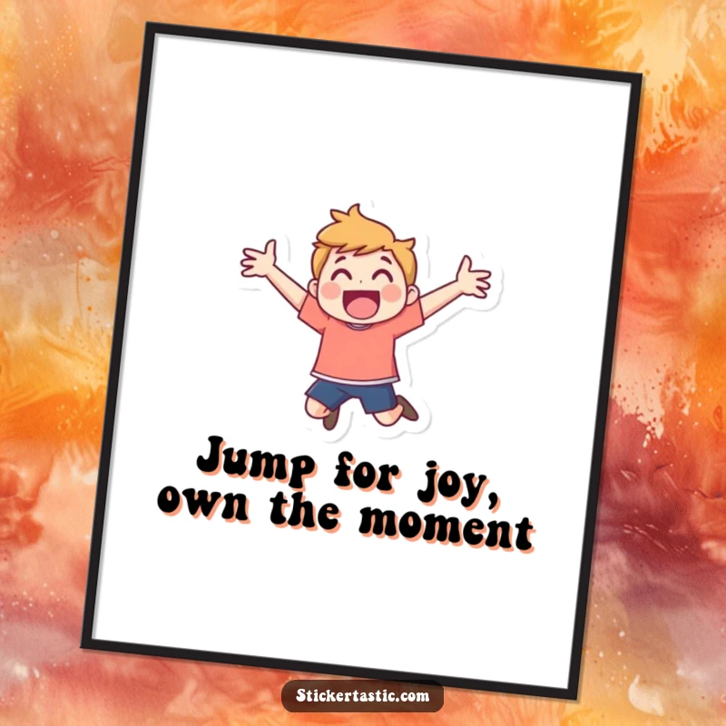 Funny Free Printable Wall Art: An energetic cartoon character mid-leap with arms outstretched, full of boundless joy.