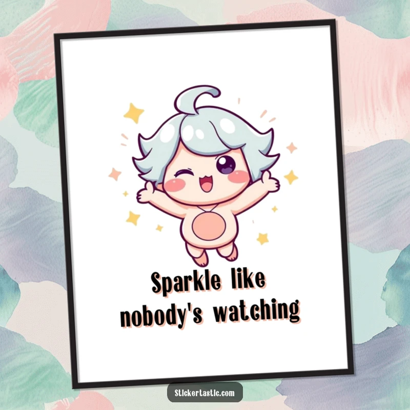 Funny Free Printable Wall Art: A cheerful character bouncing with infectious excitement, creating a dazzling spectacle of sparkles.