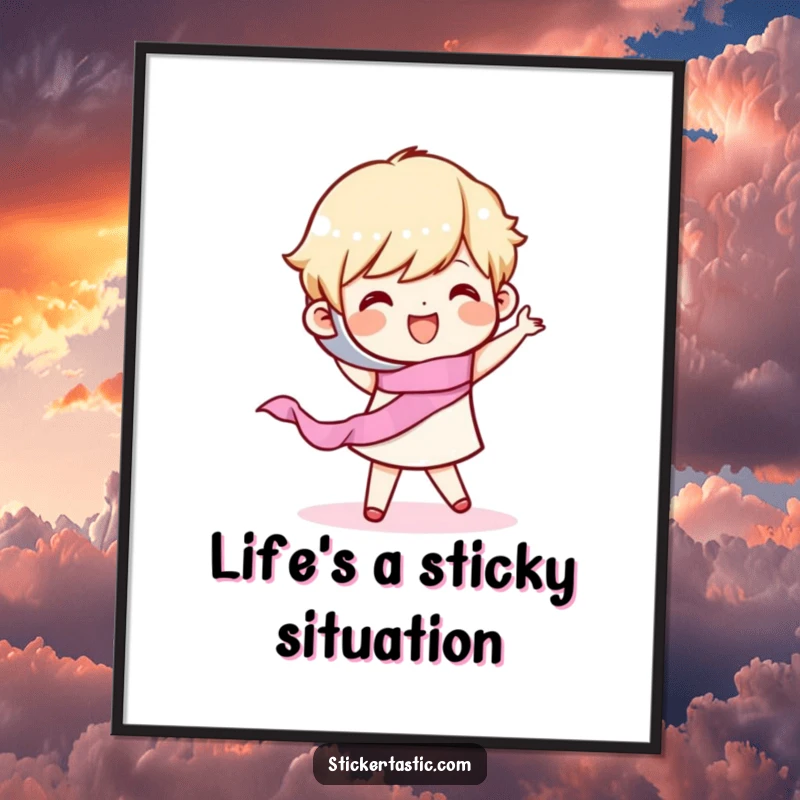 Funny Free Printable Wall Art: A happy character joyfully dancing with a roll of tape, radiating pure fun.