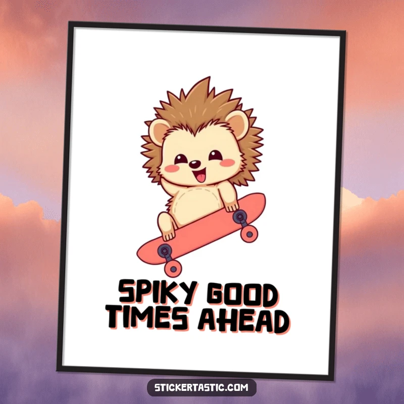 Funny Free Printable Wall Art: A happy hedgehog character masterfully riding a skateboard upside down.