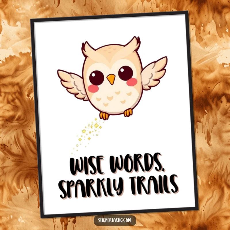 Funny Free Printable Wall Art: A joyful owl character soaring through the air with a dazzling glitter trail.