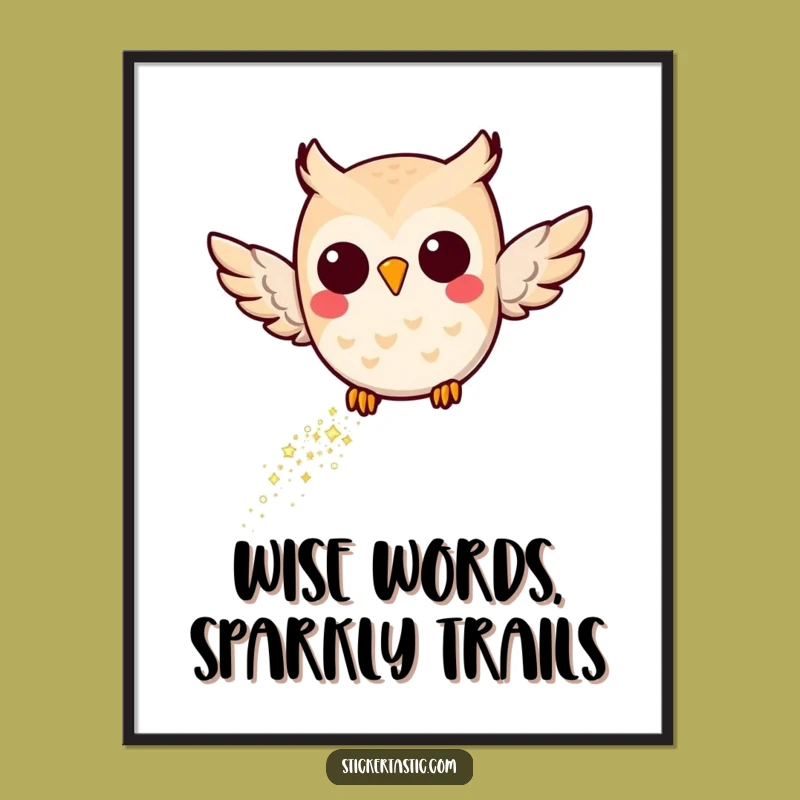 Free Printable Wall Art: Joyful Owl Flying with Glitter, Downloadable Humorous Decor