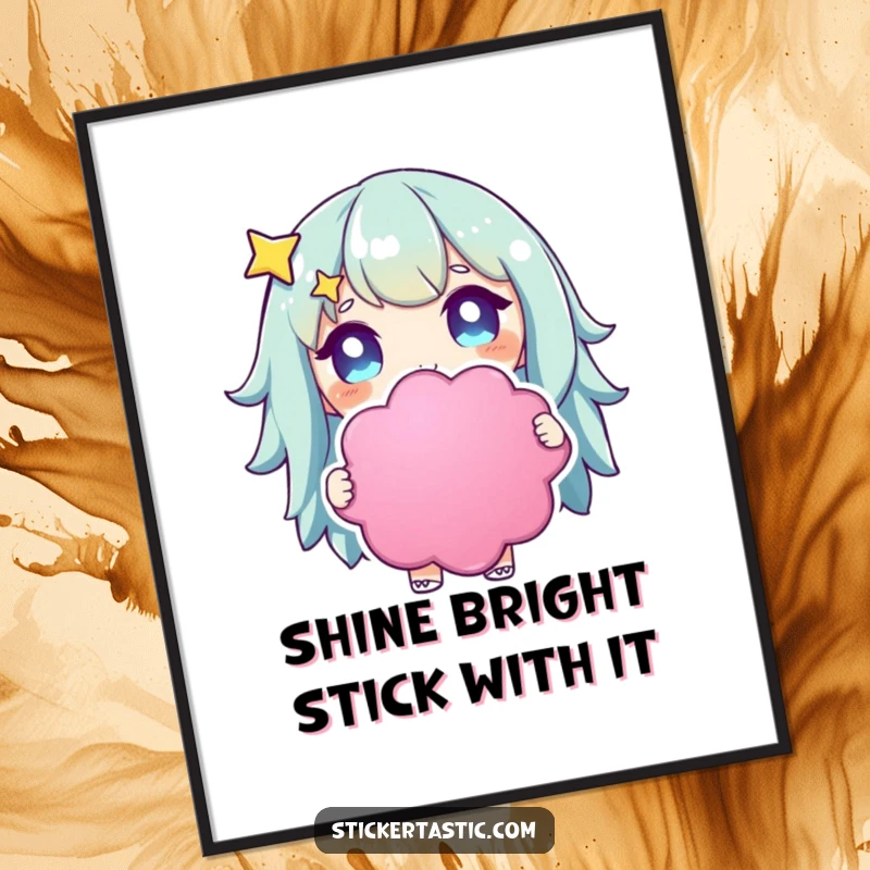 Funny Free Printable Wall Art: A character with stars in its eyes beams, holding a giant, playful sticker.