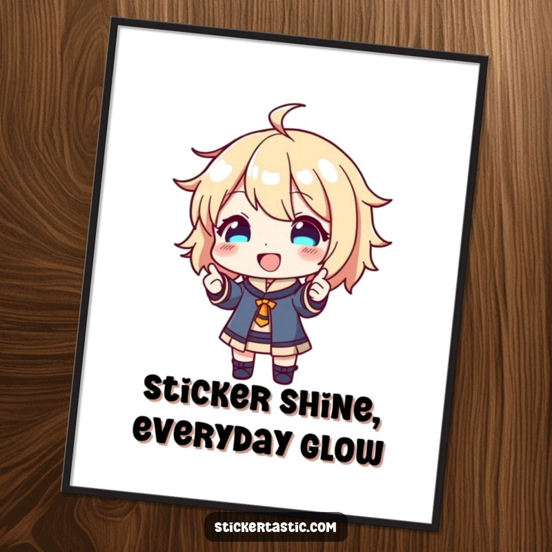 Funny Free Printable Wall Art: Happy character shows off shiny new sticker, bringing downloadable joy and personality.