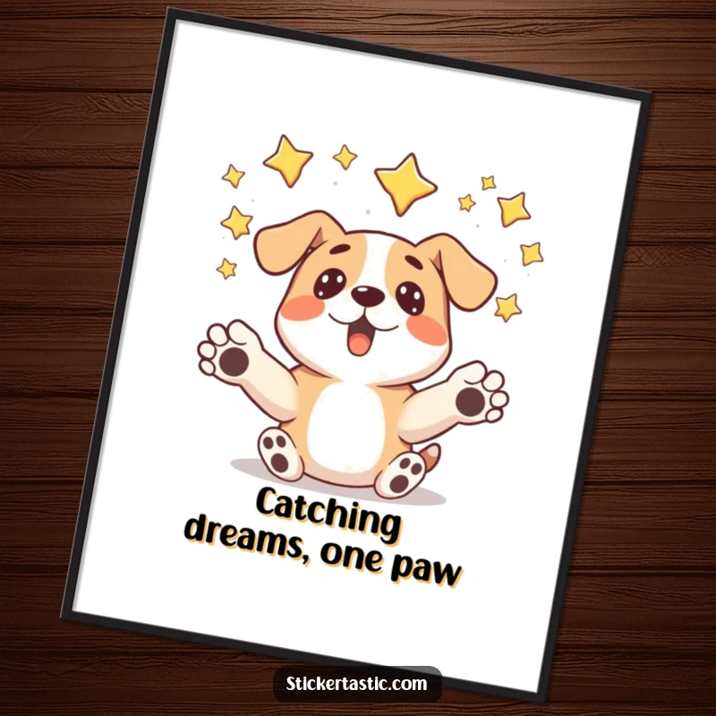 Funny free printable wall art of a surprised dog with outstretched paws catching falling stars, whimsical downloadable decor.