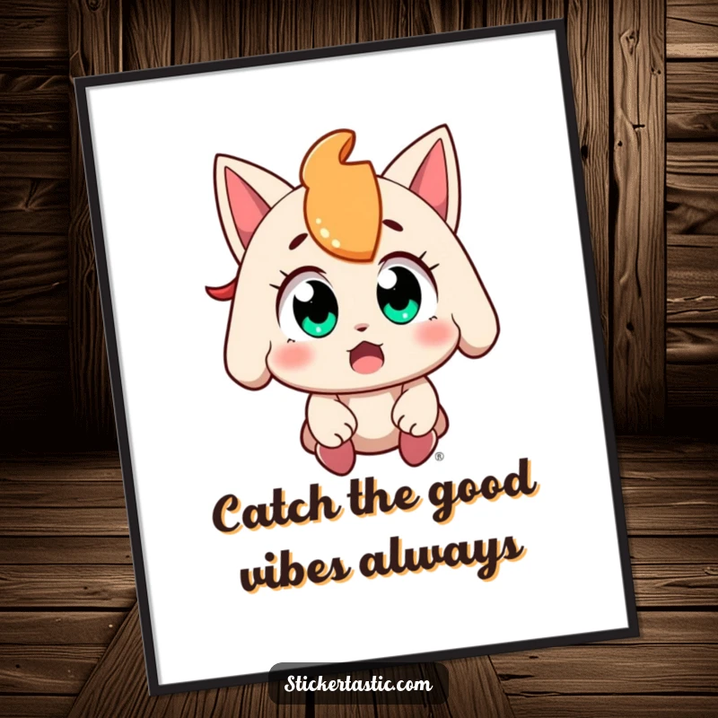 Funny Free Printable Wall Art: A character with wide, amazed eyes expertly catches a sticker falling from above.