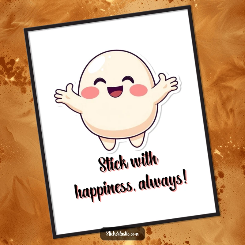 Funny Free Printable Wall Art: Smiling blob with arms outstretched offering a colorful sticker, happy and inviting downloadable art.