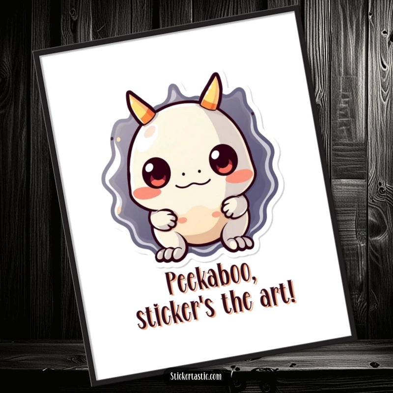 Funny Free Printable Wall Art: A cute monster peeking playfully from behind a giant, glossy sticker, creating quirky art.