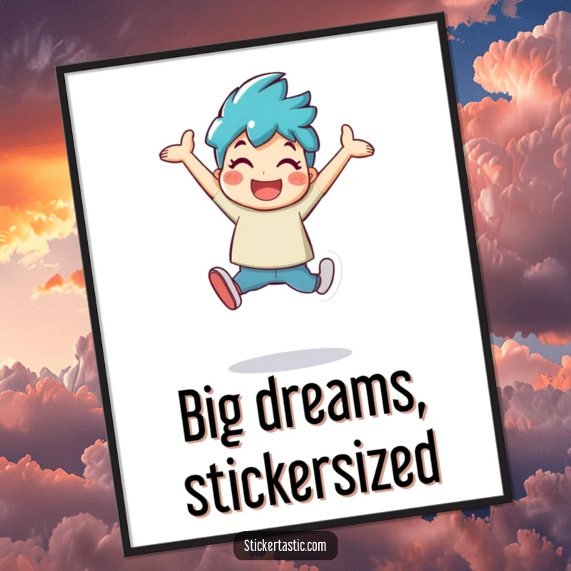 Funny Free Printable Wall Art: A cheerful character captured mid-leap with a large, shiny sticker, embodying pure happiness and whimsy.