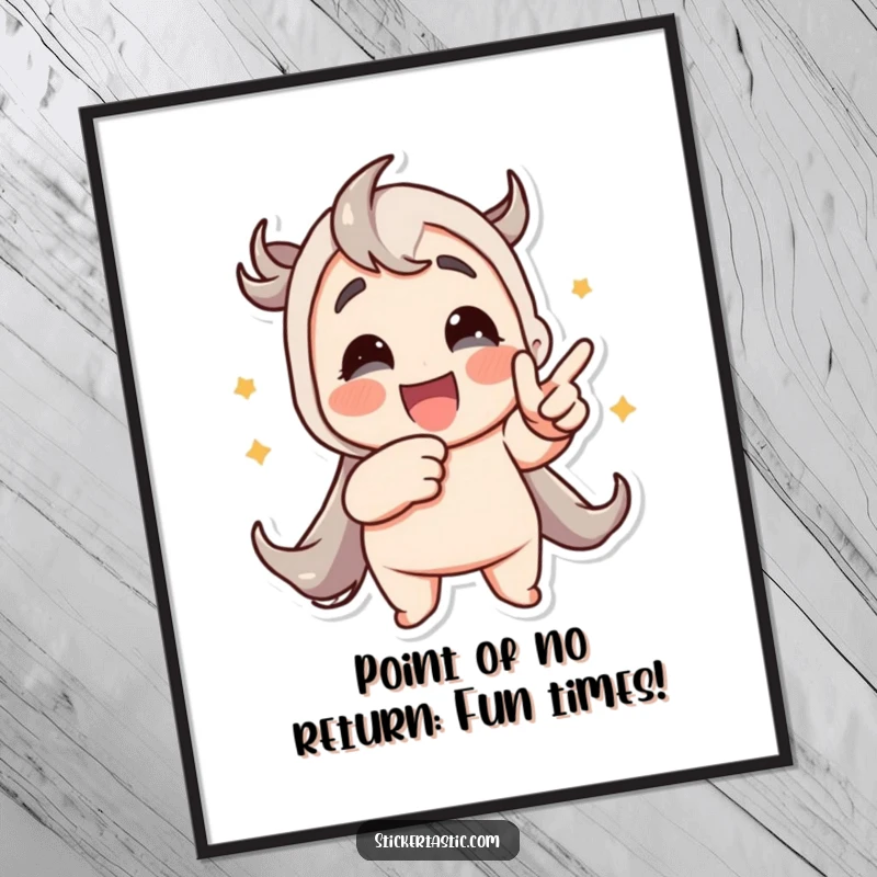 Funny Free Printable Wall Art: Character enthusiastically pointing at a dynamic, animated sticker, creating a fun visual.