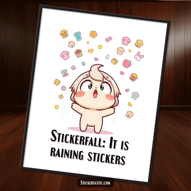 Funny free printable wall art depicting a shocked character experiencing a sticker rain, a humorous and unique decor piece.