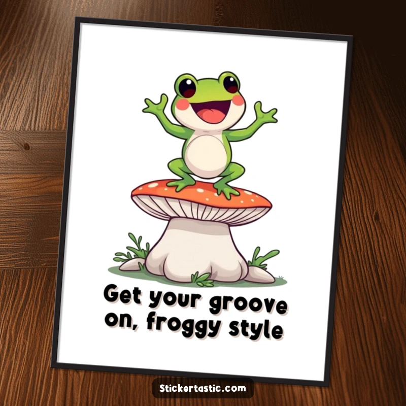 Funny free printable wall art: A happy green frog character energetically dancing on top of a giant, whimsical mushroom.