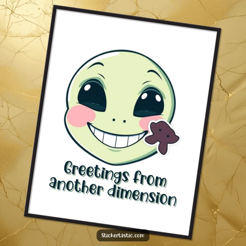Funny Free Printable Alien Wall Art depicting a grinning alien face with a sticker on its cheek, great for DIY decor.