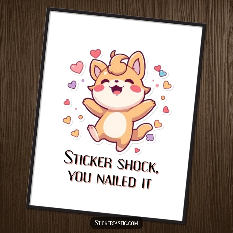 Free Printable Wall Art: Stylized creature bounces gleefully amidst a flurry of stickers, a fun DIY decor.