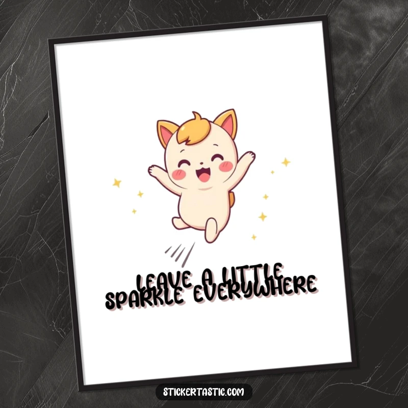 Funny Free Printable Wall Art: A cute character joyfully leaps, leaving a vibrant trail of shimmering sparkles.