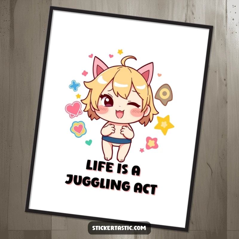 Funny Free Printable Wall Art: A mischievous character winks playfully, juggling a vibrant assortment of colorful stickers, adding humor to any room.